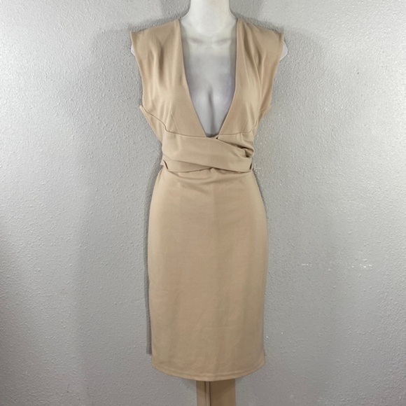 NWT Lulu’s River Deep Nude Plunge Tie Back Bodycon Dress XL JJ7 - Picture 6 of 10